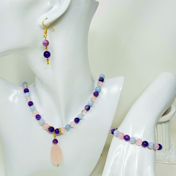 Hand Crafted Jewelry - Amethyst and quartz bead necklace + earrings and bracelet